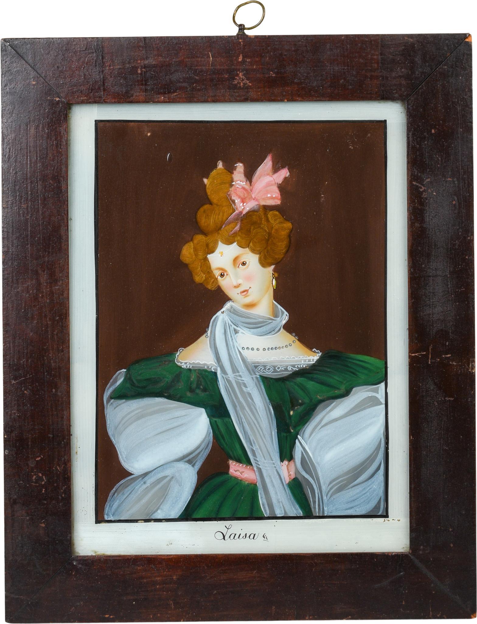 Reverse Painting on Glass of a Woman.: Titled "Laisa," frame 16 x 13 inches.