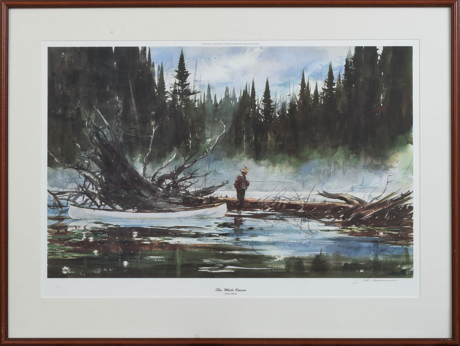 John Swan "The White Canoe" Lithograph.: (Maine, b. 1948) Pencil signed lower right, from an edition of 300 printed for the Angler's Club of New York 1991. Frame 26 x 35 inches.