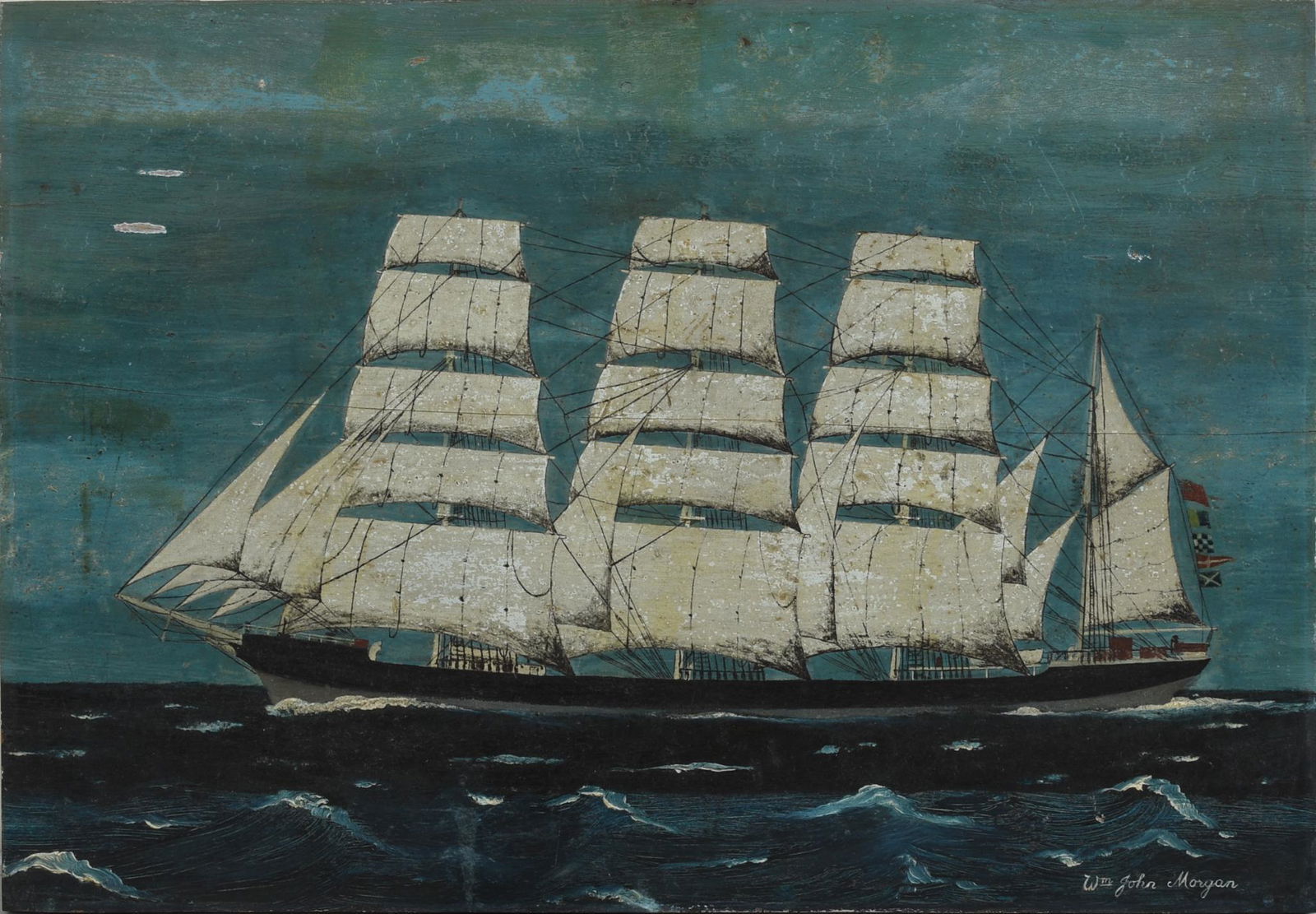 Folk Art Painting of a British Merchant Ship.: Signed "Wm. John Morgan" lower right. Oil on board, 14.5 x 20.75 inches.