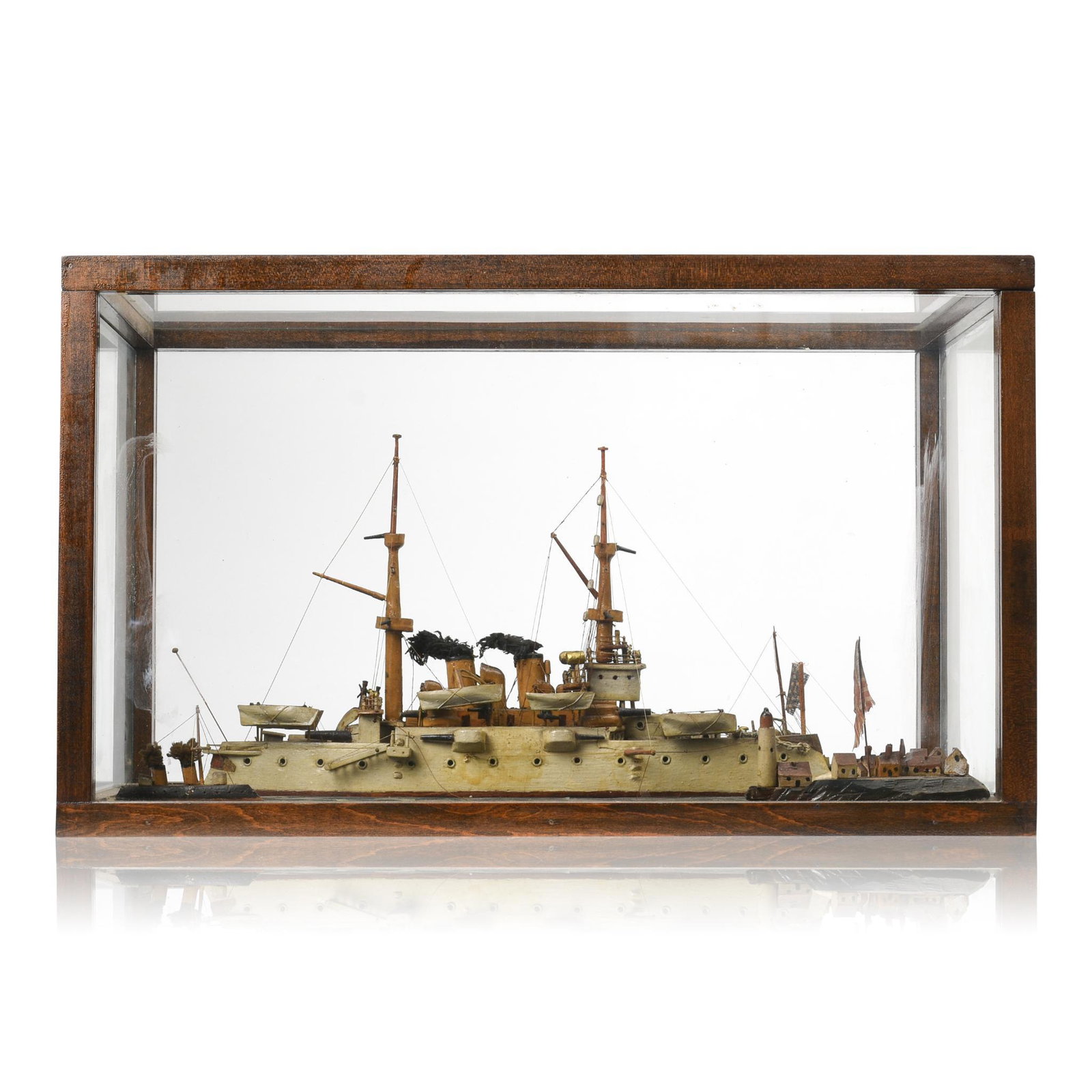 Folk Art Battleship Diorama.: In a glass case, width 21 inches, height 12.5 inches, depth 10.75 inches.