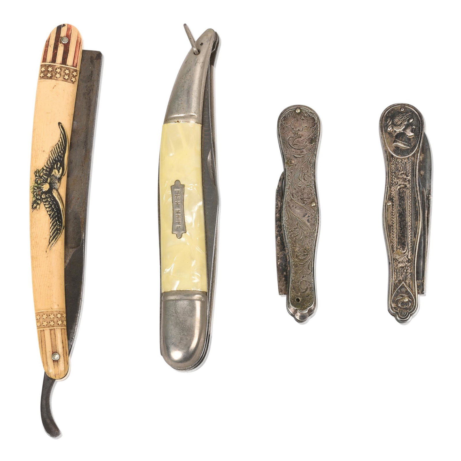 Carved Bone Straight Razor With Eagle Decoration.: Length 6 inches, together with three pocket knives.
