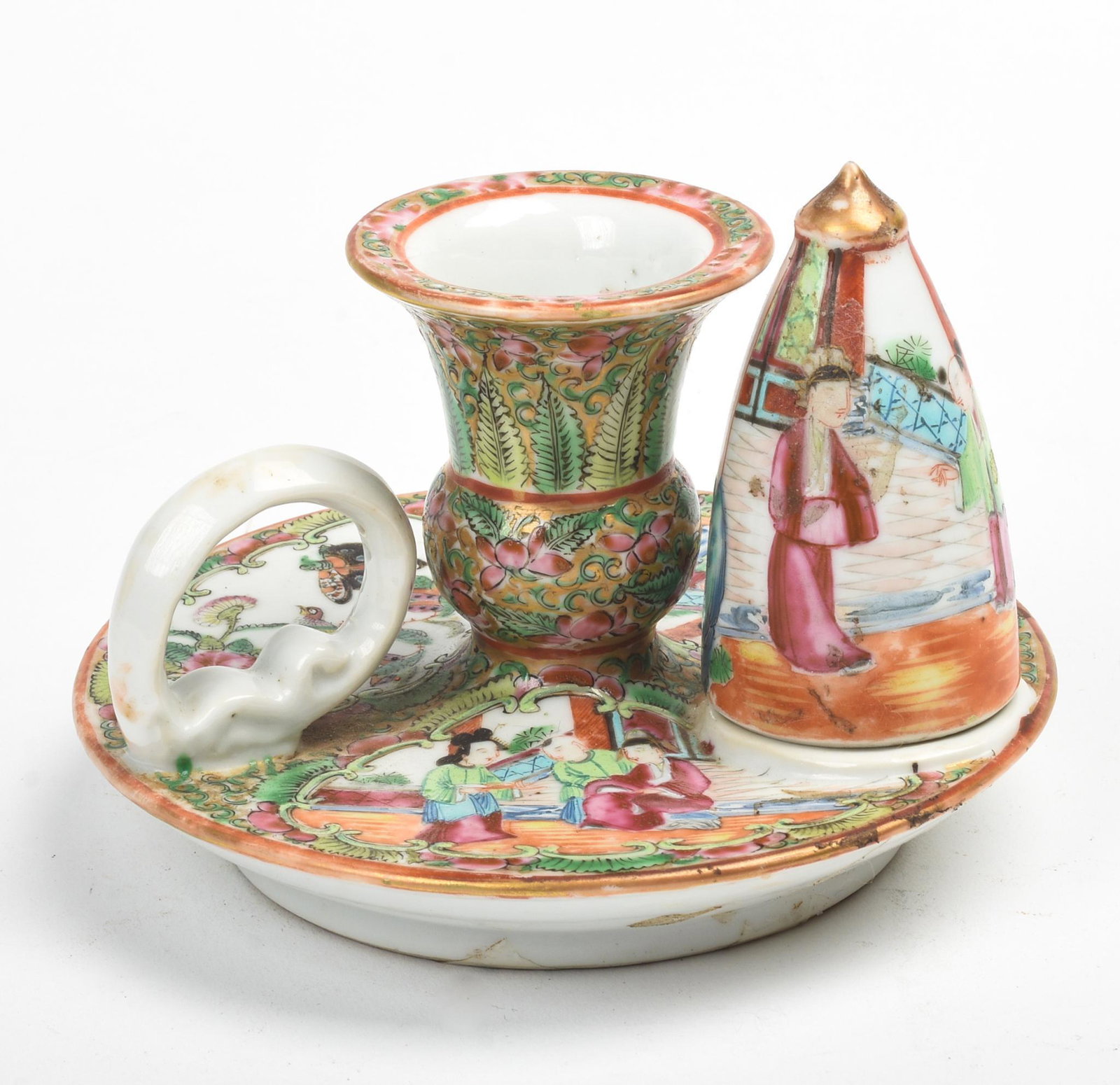 Chinese Rose Medallion Chamberstick.: With original candle snuffer, height 4.25 inches, circa 1860, restored chip.