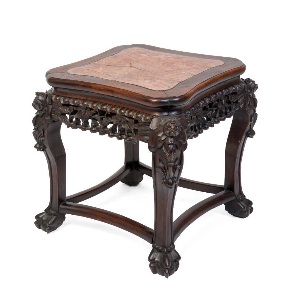 Chinese Carved Hardwood Stand.: With inset hardstone top. Height 18 inches. Top 17 by 16 inches.