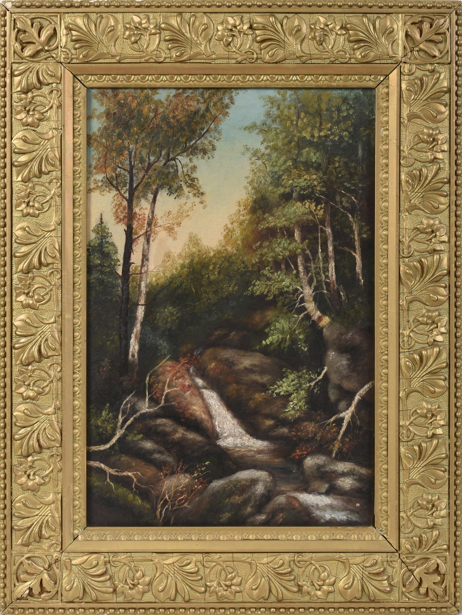 A Stream in the Woods, American School.: 19th century oil on canvas, 18 x 12 inches, in a later gilt frame.