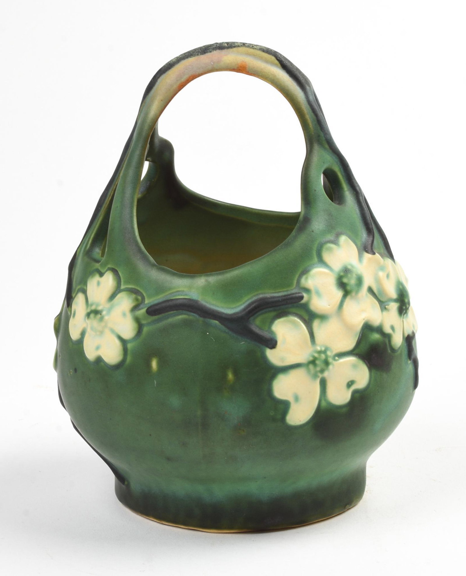 Roseville Dogwood Basket.: Height 7.75 inches.