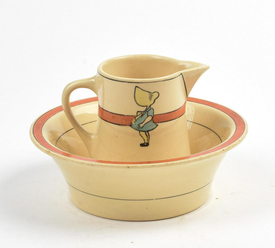 Roseville Juvenile Creamer and Bowl.: Diameter of bowl 6 inches, height of creamer 3.5 inches.