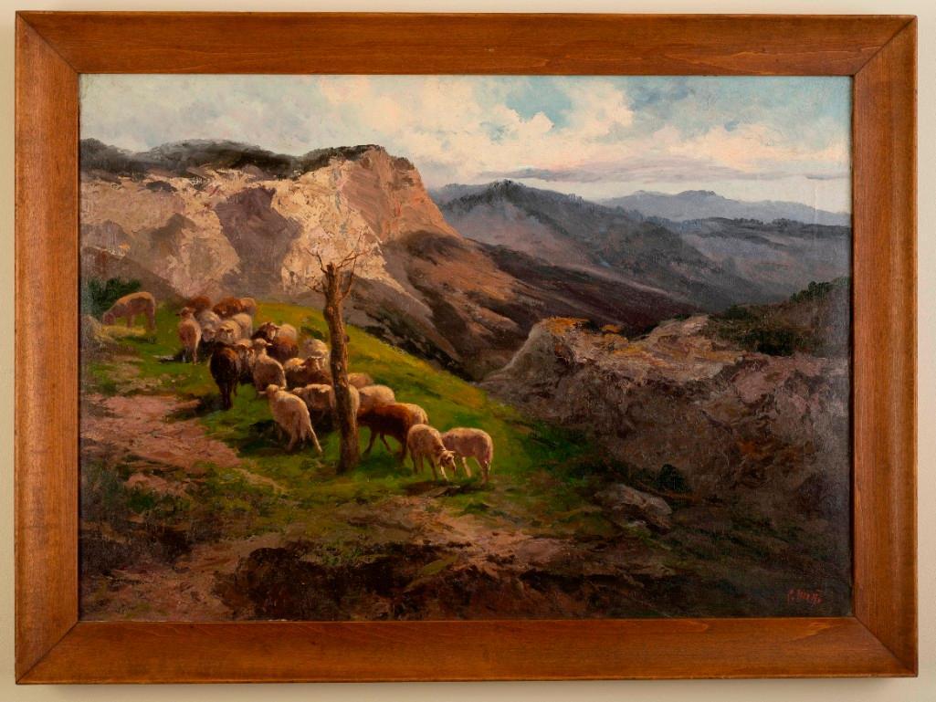 European Painting of Sheep in a Mountain Pasture.: Oil on canvas, 19 x 27 inches, signed indistinctly l.r.