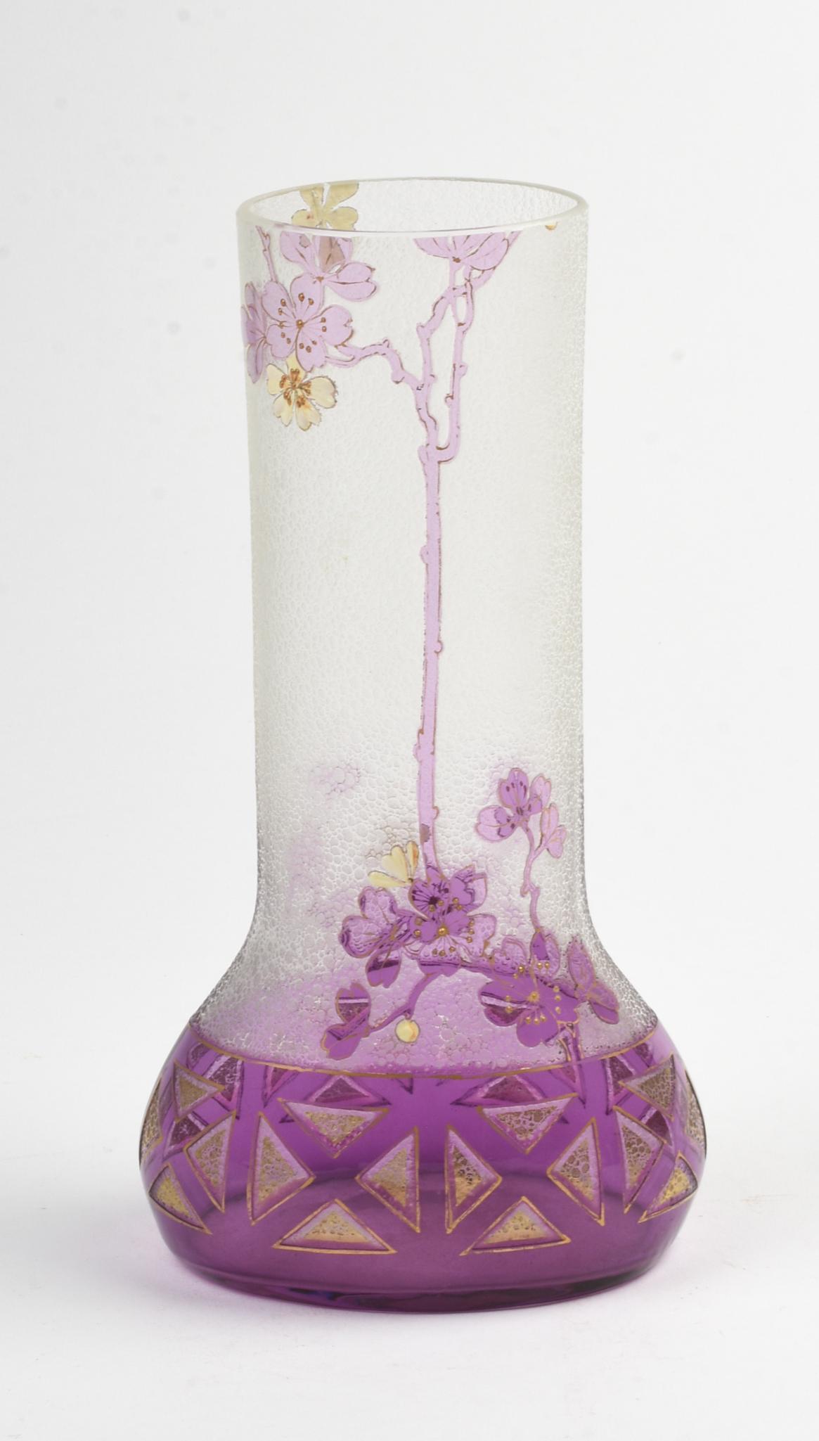 French Floral Overlay Glass Vase.: Height 8 inches.