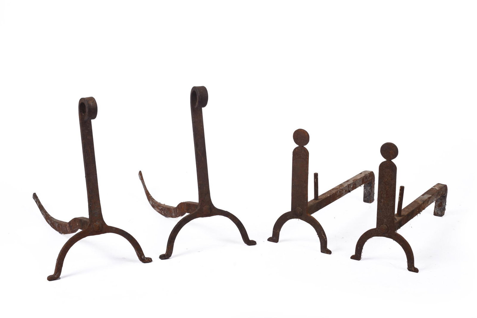 Two Pairs of Wrought Iron Andirons.: Heights, 19 and 14 inches.