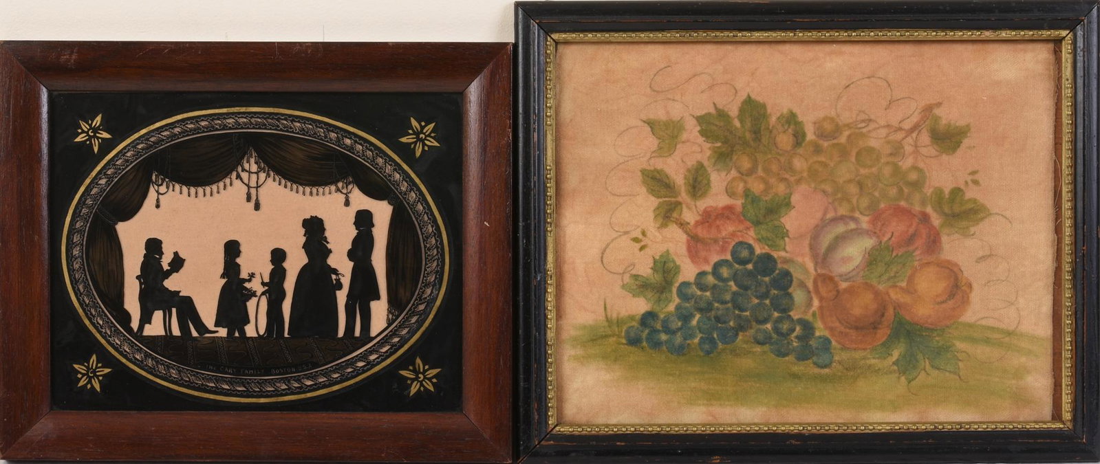 Silhouette Portrait of the Cary Family of Boston.: Reverse on glass, after Edouart. In an eglomise mat, frame size 10.25 x 12.5 inches. Together with a pastel theorem, frame 11 x 14.5 inches.
