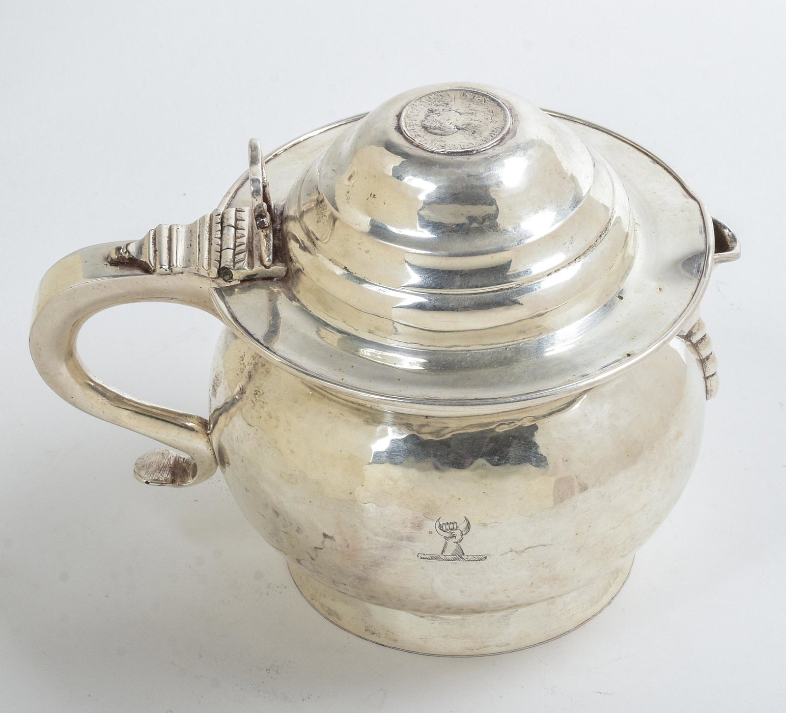 Silver Wine Pot, Possibly Mexican.: Height 6.5 inches, with a 1799 English halfpenny inset in the lid. Unmarked, total weight 820 grams.