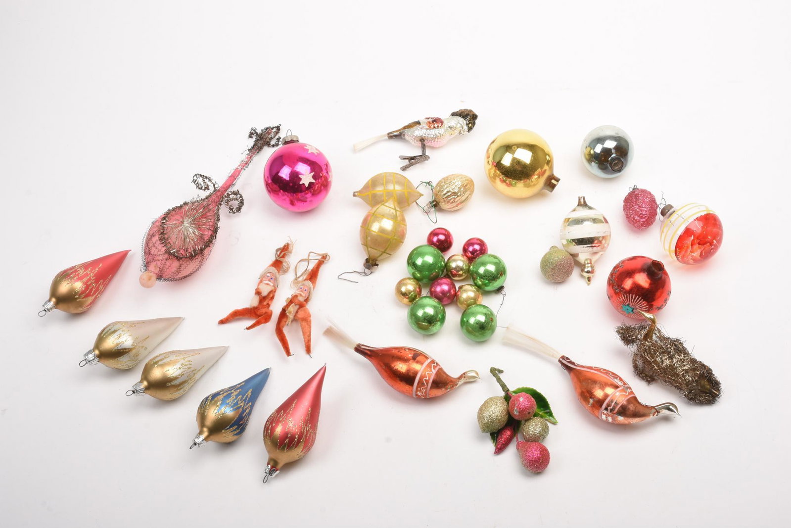 Group of Vintage Christmas Decorations.: A sleigh, overall length 14 inches, various trees, figures and glass ornaments.