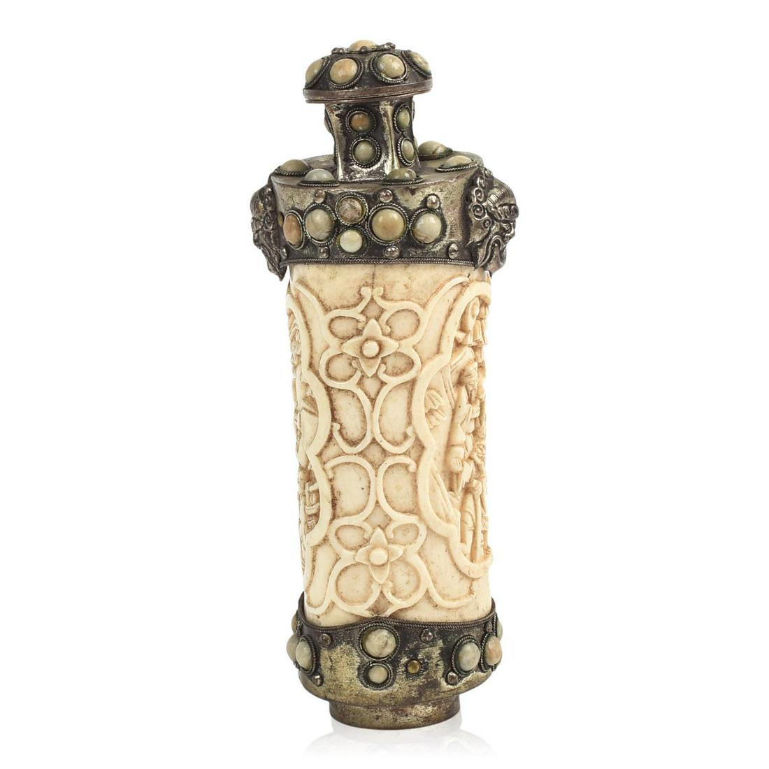 Chinese Mongolian Carved Bone Snuff Bottle: Carved with scenes of the 8 Eight Immortals, inlaid with hardstone, marked "China,", c. 1900, length 5.75 inches.