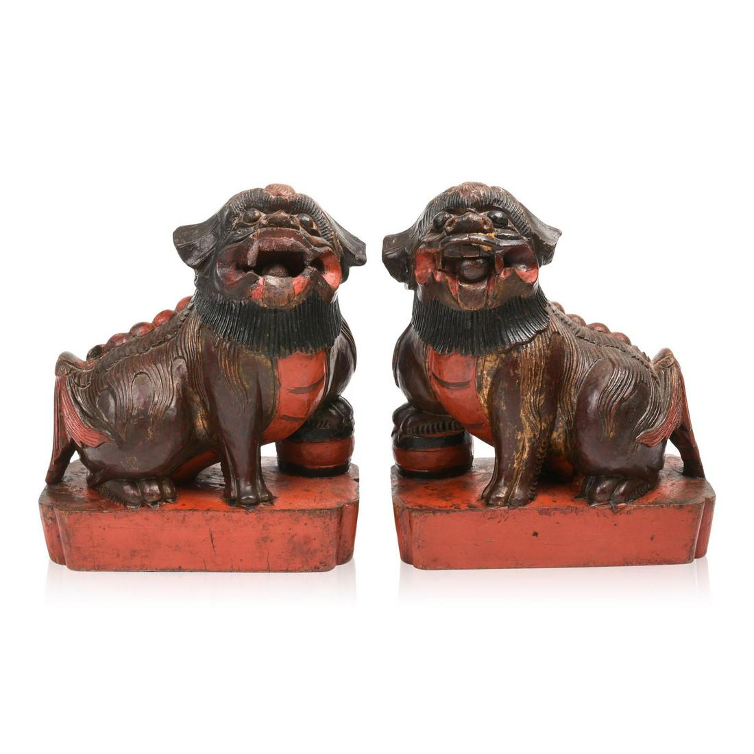 Pair of Chinese Carved Wood Foo Dog Figures (1 of 5)