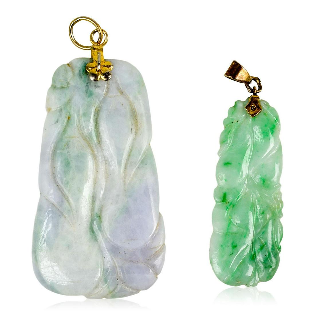 Two Chinese Carved Jade Pendants: One loop marked 14K, lengths 1.625 and 1.25 inches.
