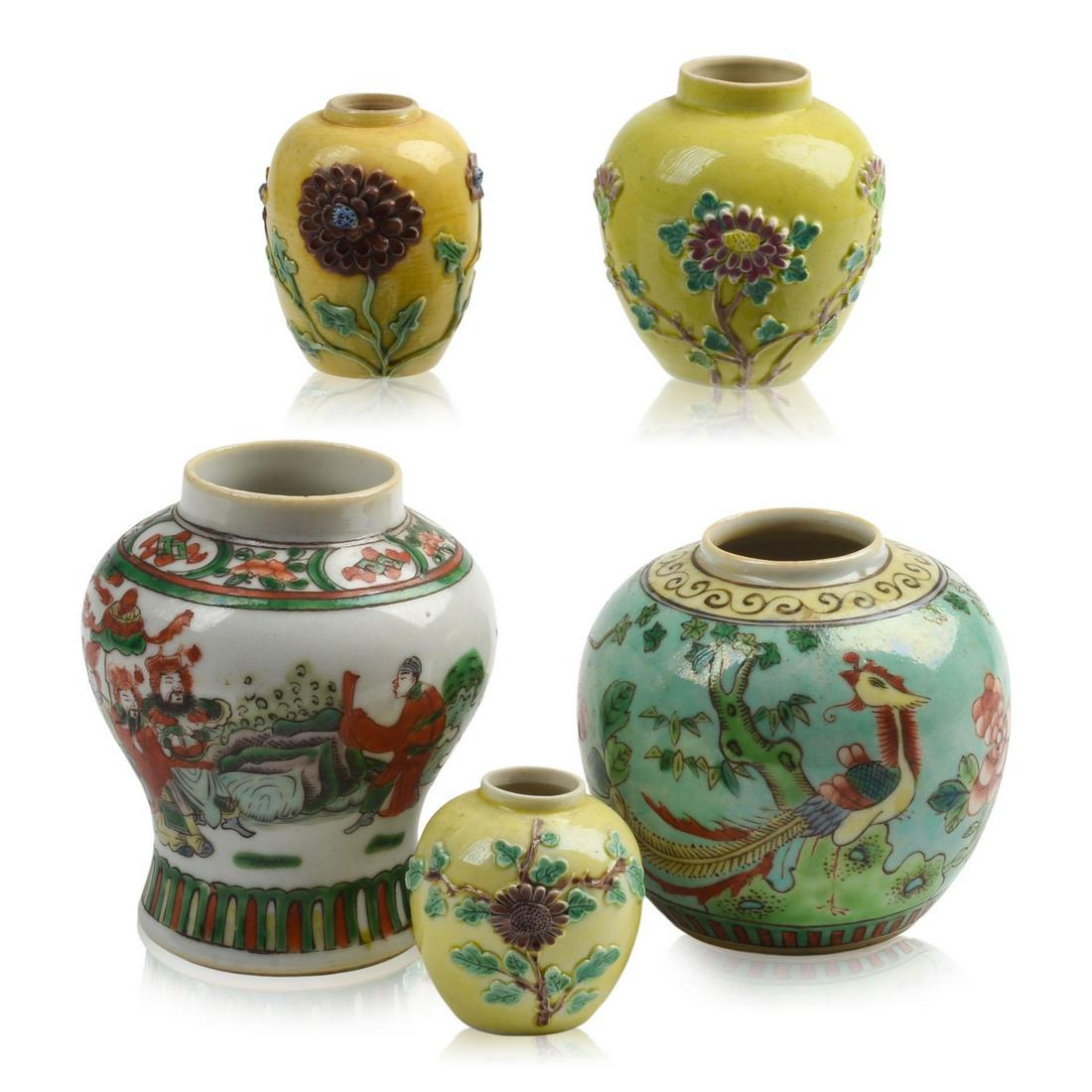 Five Chinese Porcelain Jarlets: Height of tallest 4.5 inches.