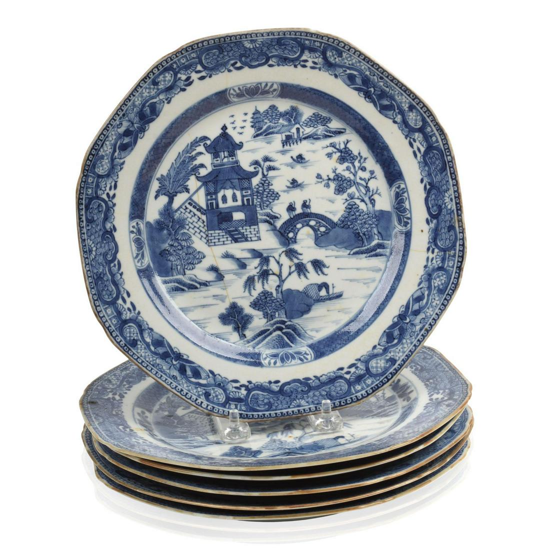 Set of Six Canton Porcelain Blue and White Plates.: 19th century, diameter 9.25 inches.
