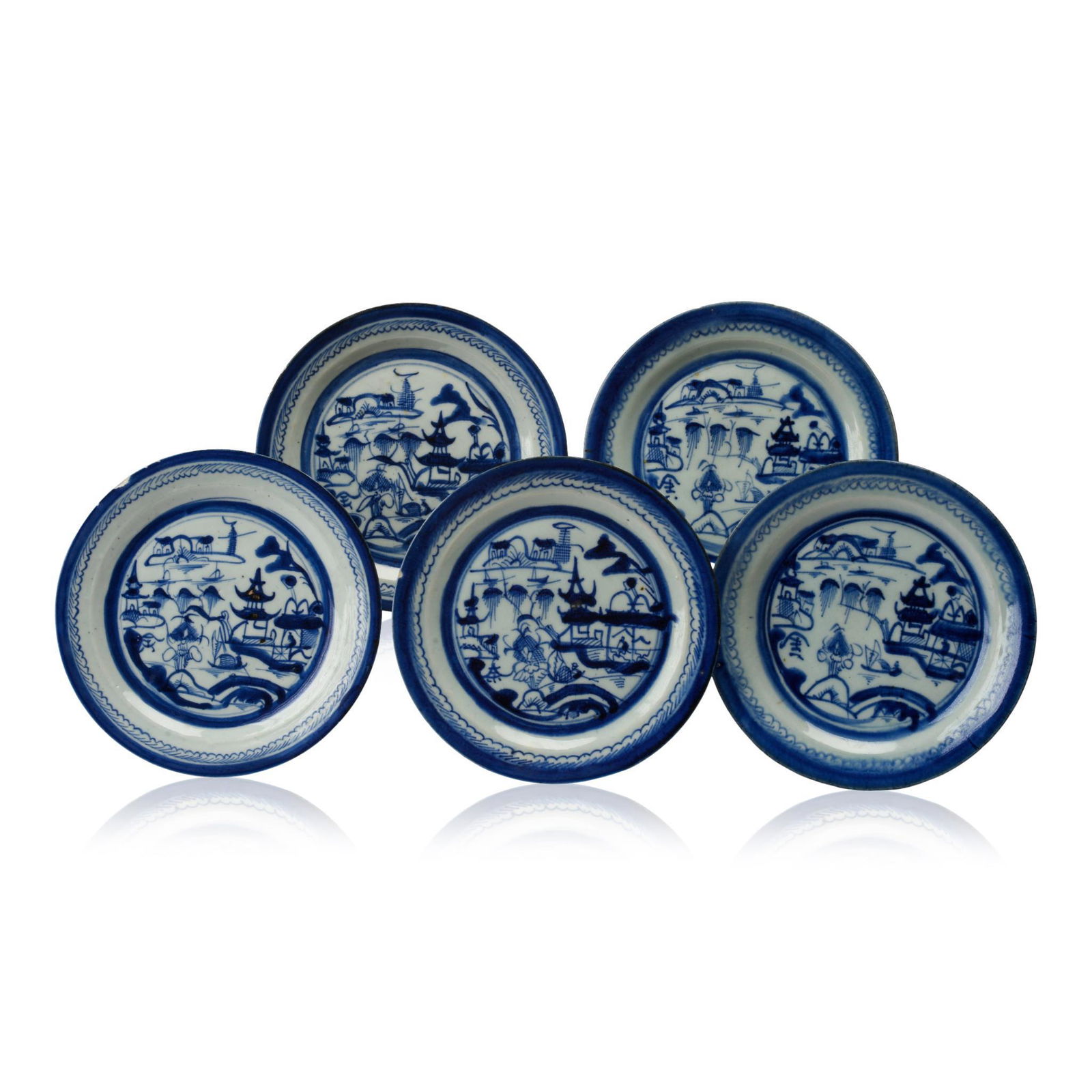 Set of Five Canton Porcelain Blue and White Plates. (1 of 2)