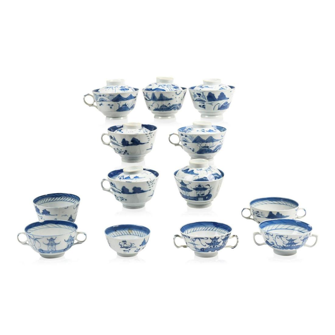 Group of Canton Porcelain Blue and White Teawares. (1 of 13)