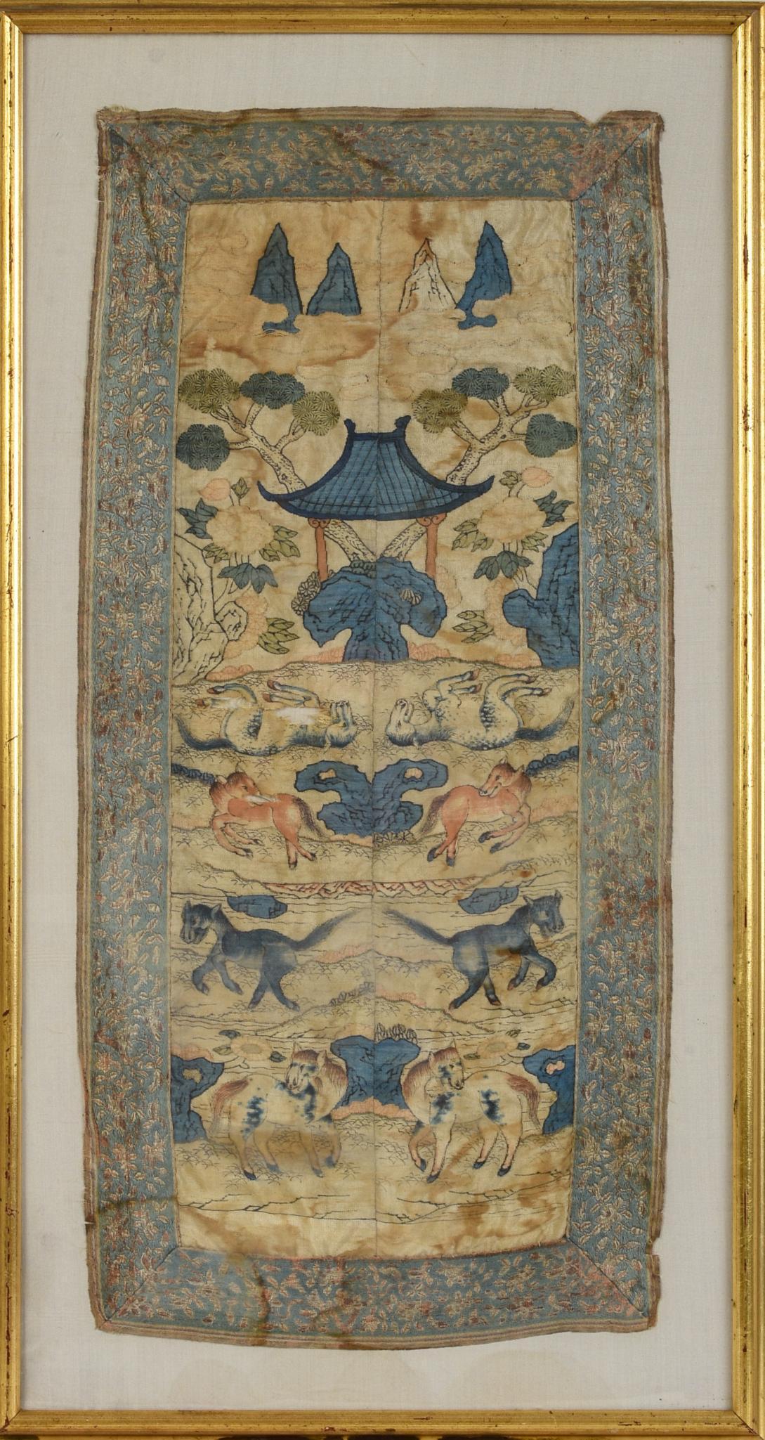 Asian Silk Sleeve With Horses.: 23 x 10.5 inches, framed. Some tears.