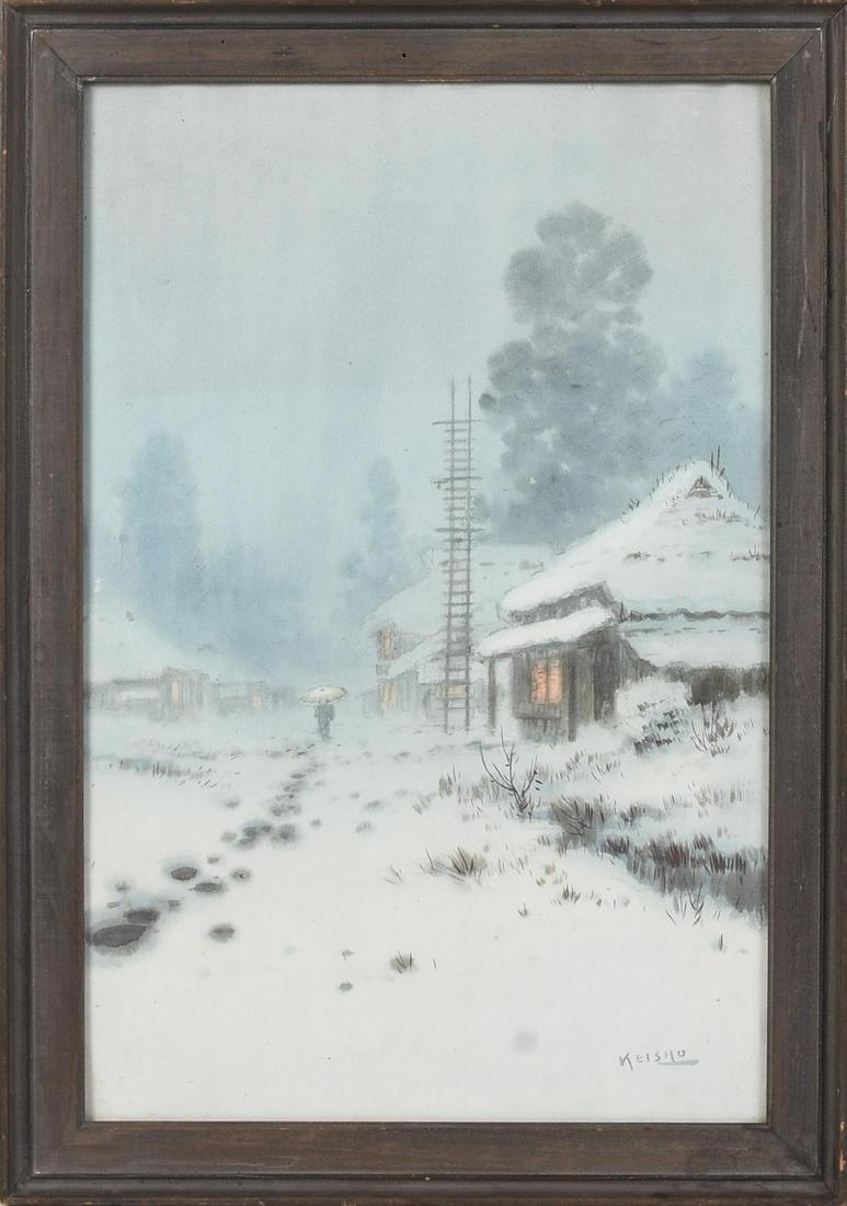 Takeuchi Keishu Watercolor: (Japan, 1861-1943) Japanese Village in Winter, signed lower right, 19.5 x 13 inches.