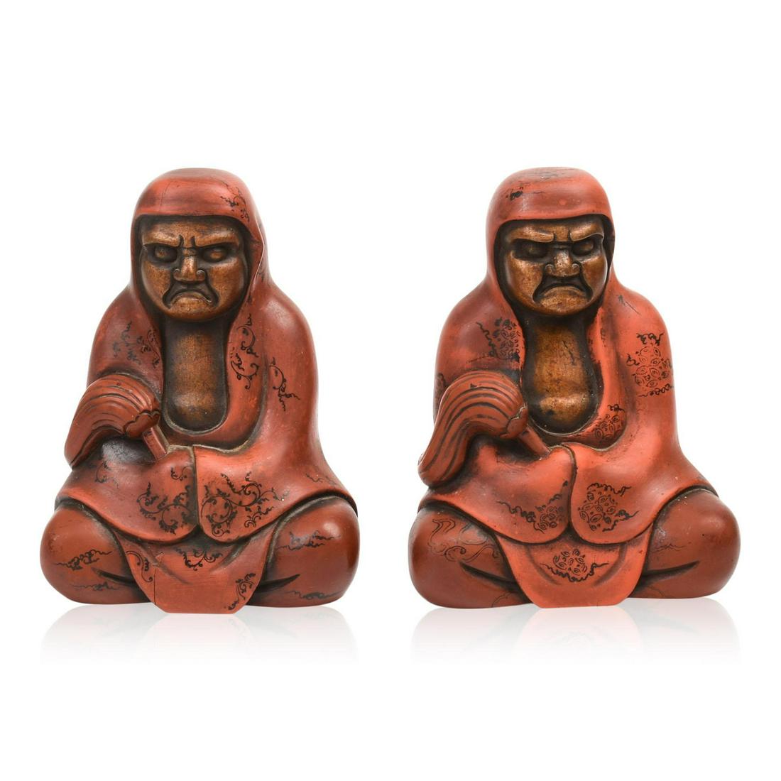 Pair of Japanese Lacquer Drama Bookends, c. 1920: Height 7.5 inches.