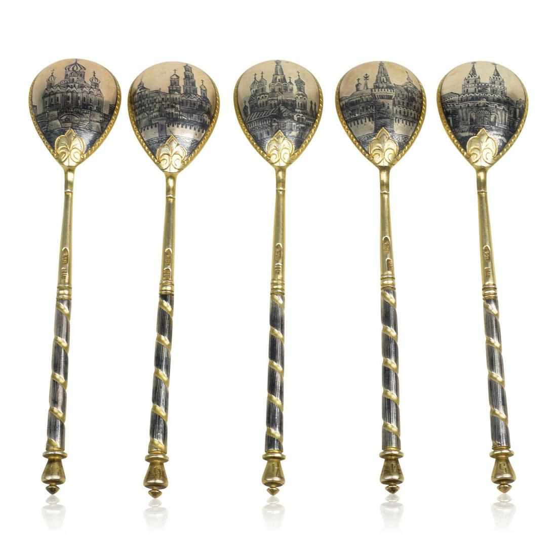 Set of 5 Russian Gilt Silver and Niello Spoons (1 of 2)