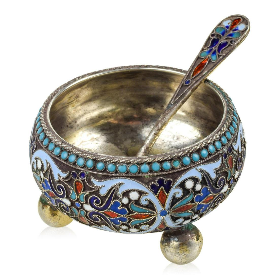 Gustav Klingert Russian Enamel & Silver Salt & Spoon (1 of 3)