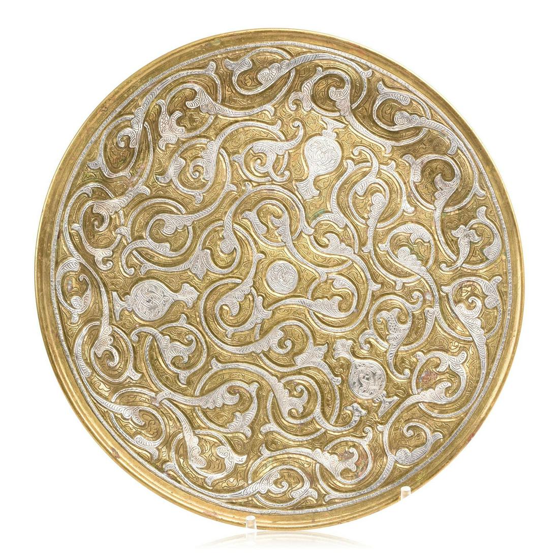 Syrian Mamluk Revival Silver Inlaid Brass Tray: Diameter 13 inches.