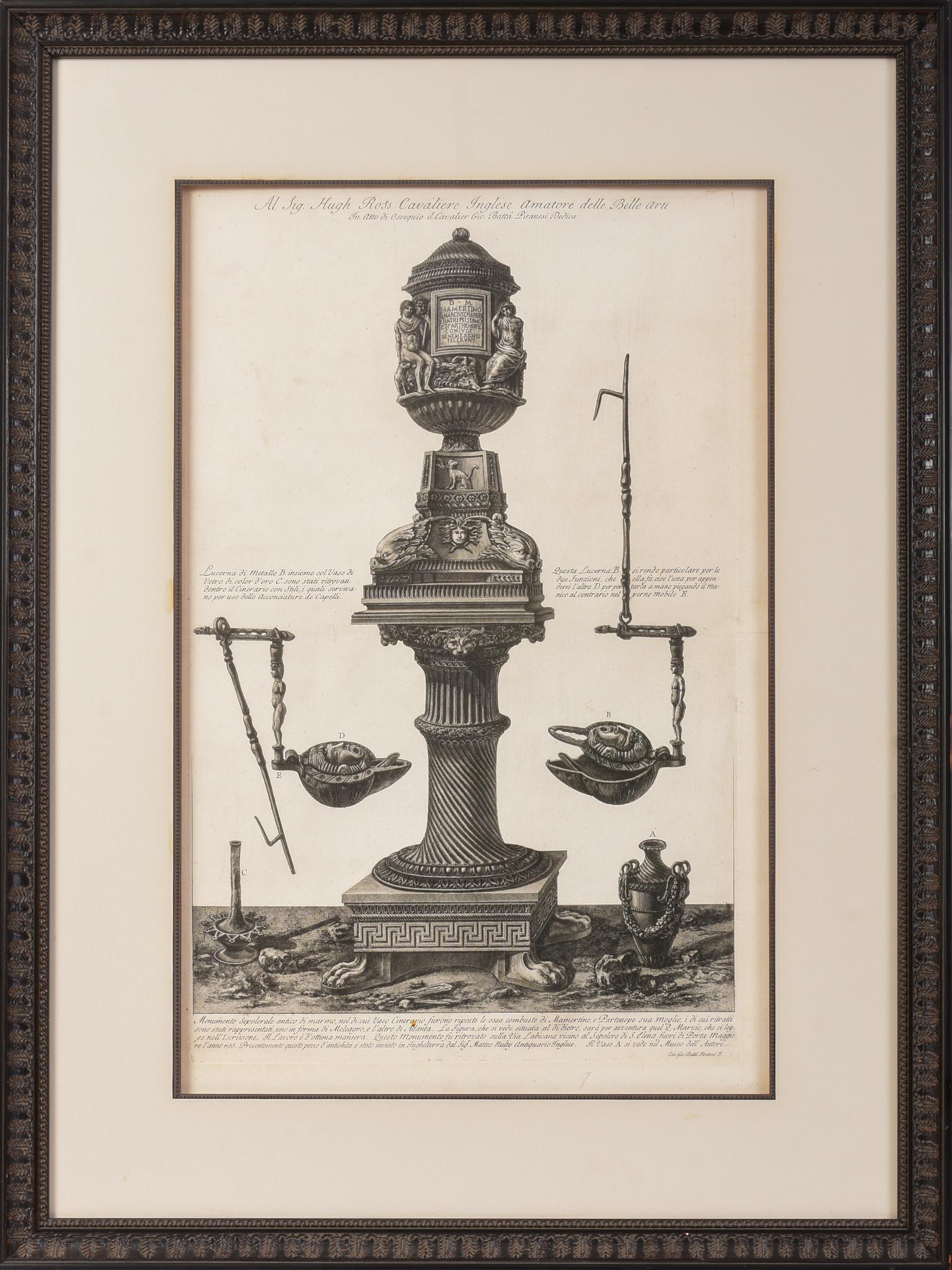 Etching, After Piranesi.: Funerary monument of Mamertinus and his wife Partenope. Framed, frame 37.5 x 28 inches.