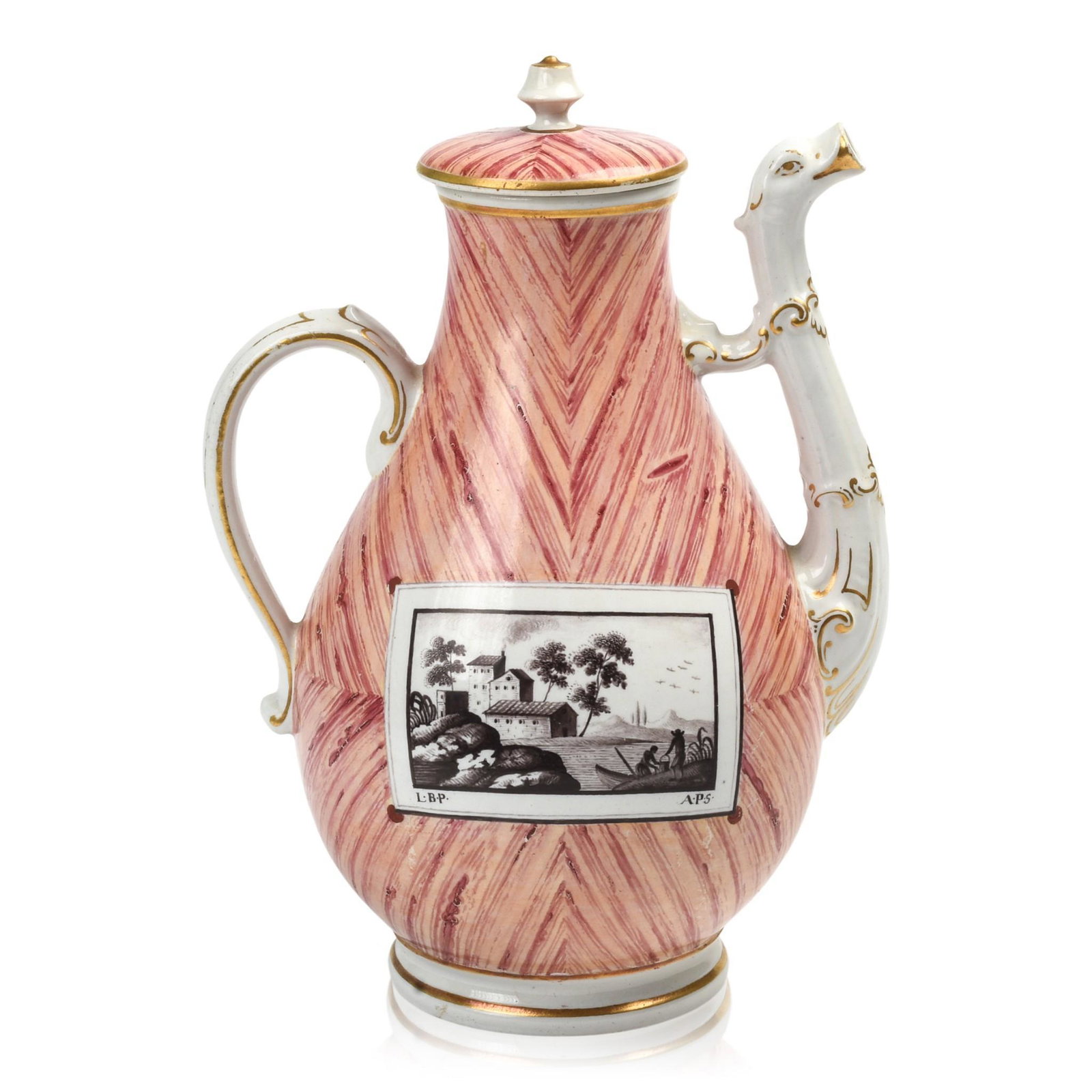 18th C. Doccia "Faux Bois" Coffee Pot.: Italy, circa 1780, unsigned, decorated with grisaille landscape panels signed with the initials LBP and APS on a faux bois ground, height 9.75 inches. Chip and hairline on underside of cover.