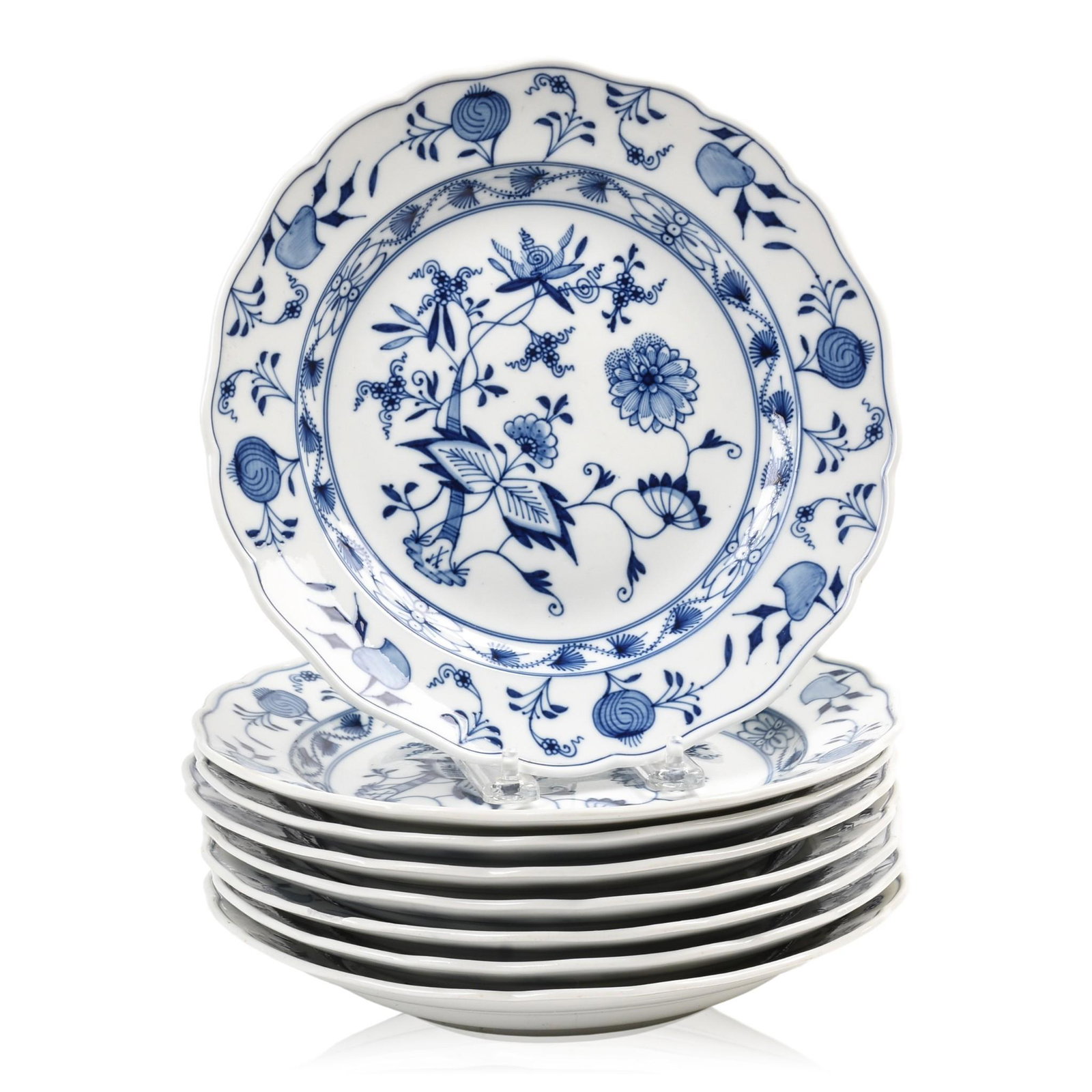 Eight Meissen Porcelain "Blue Onion" Dinner Plates: Diameter 9.625 inches. Germany, early 20th c., signed with crossed swords mark on back and in decoration.