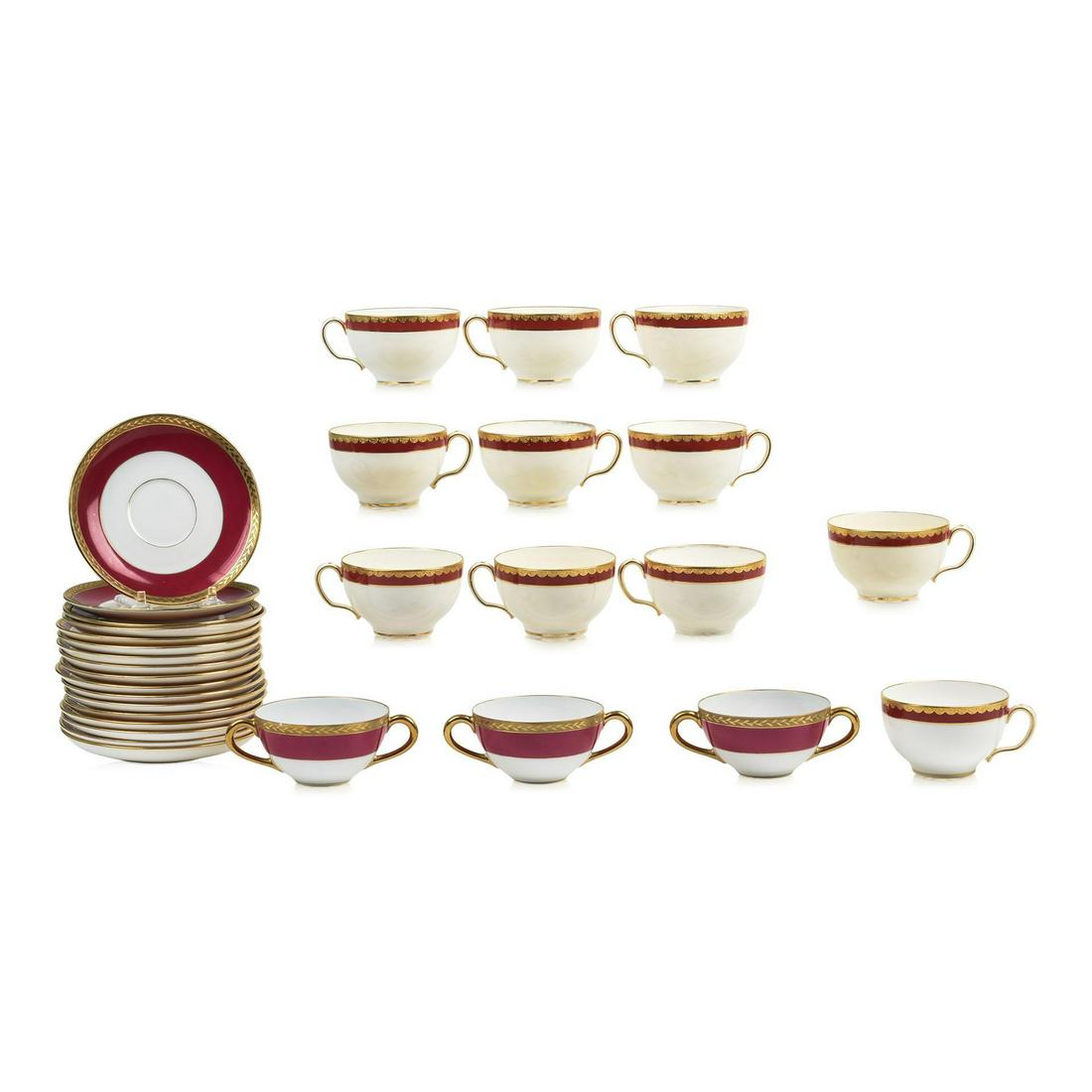 Ten English Porcelain Teacups and Fourteen Saucers: Set of Ten English Porcelain Teacups and Fourteen Saucers, Mintons, 1847-57 each wide sang de boeuf border within a gilt scalloped border chased with foliage, printed crowned globe and MINTONS, patter
