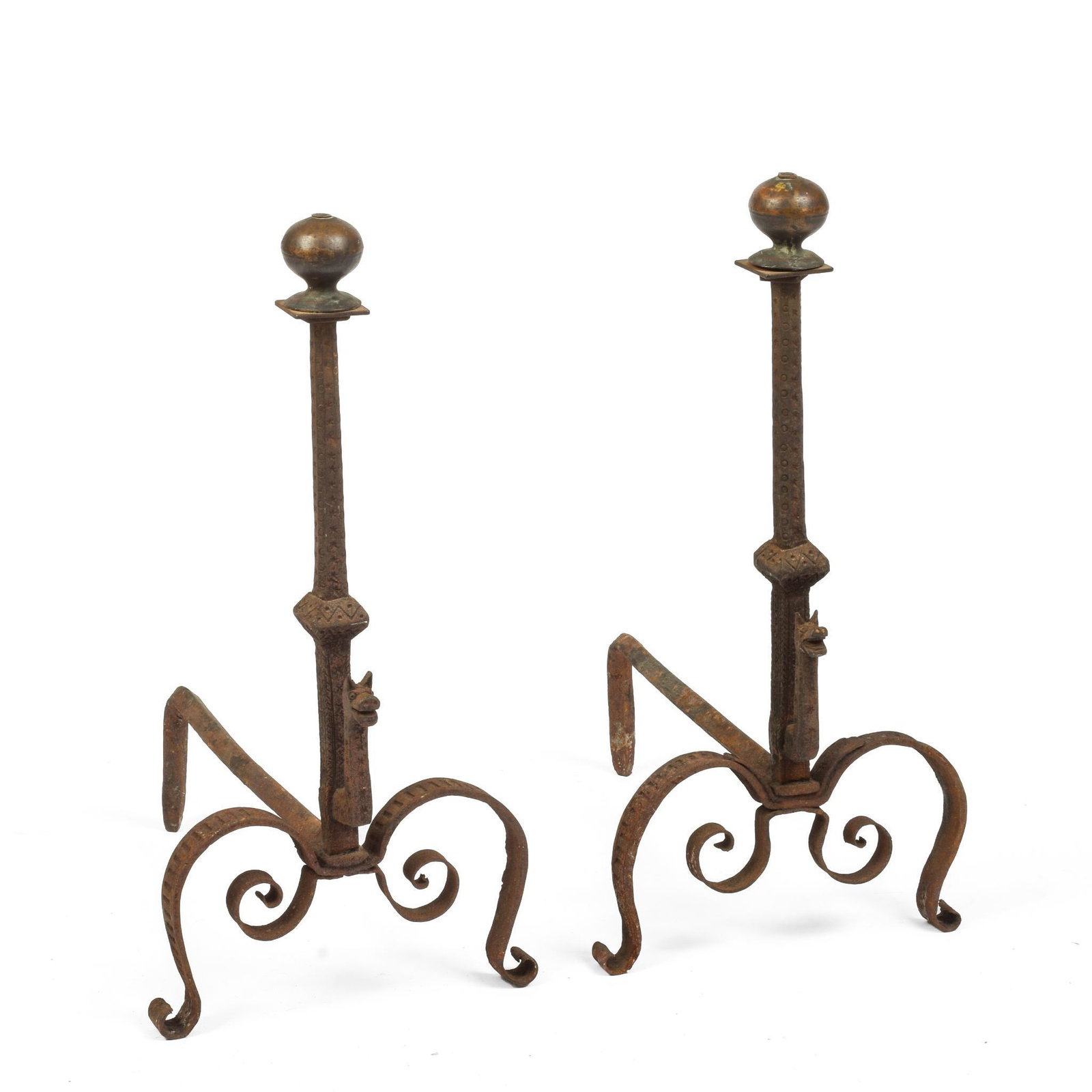 Pair of Unusual Wrought Iron Andirons With Dragons.: Height 24 inches, early 19th century.