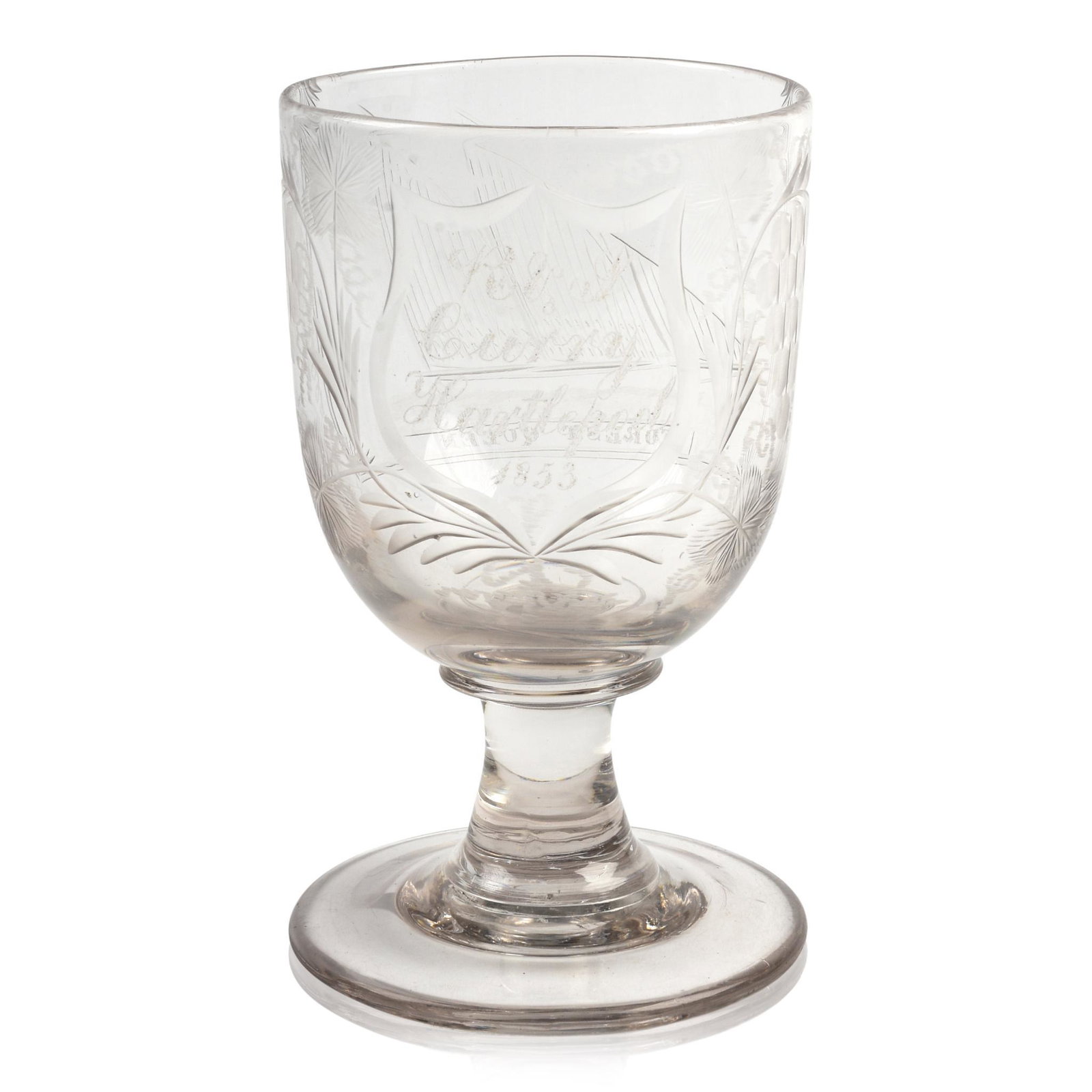 R & J Curry's Engraved and Etched Colorless Glass: Engraved on one side with a view of the sailing yacht "FOREST QUEEN," and on the other with a shield issuing flowering vinery and bunches of grapes, and enclosing the inscription "R & 