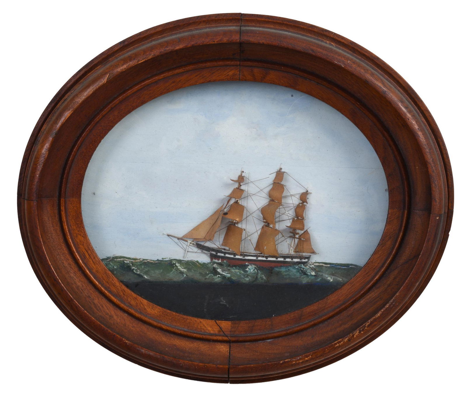 Three Masted Ship Model in Oval Frame. (1 of 2)