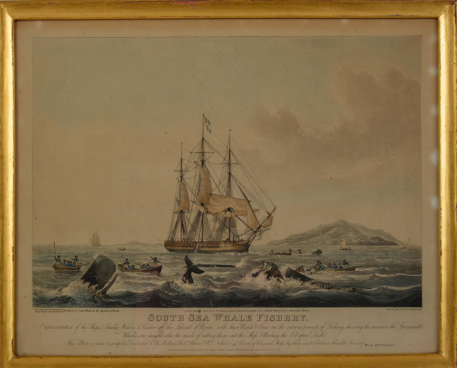 South Sea Whale Fishery Engraving, After Huggins.: Hand colored engraving by T. Sutherland. Later restrike, sheet 18 x 22 inches.