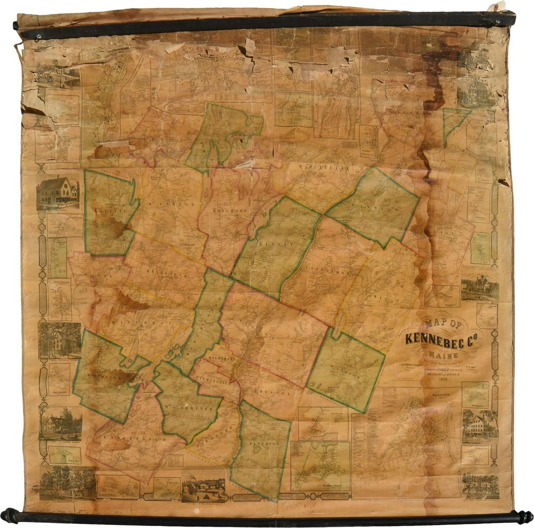 J. Chase 1856 Map of Kennebec County Maine.: 57 x 58 inches, losses to top of map, top bar partially detached. Philadelphia and Boston: J.L. Smith, 1856