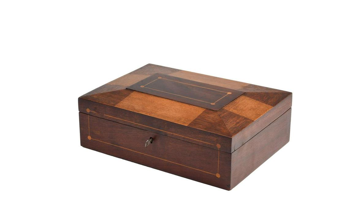 American Inlaid Mahogany and Birch Box.: Width 11 inches, height 4 inches, depth 8 inches.