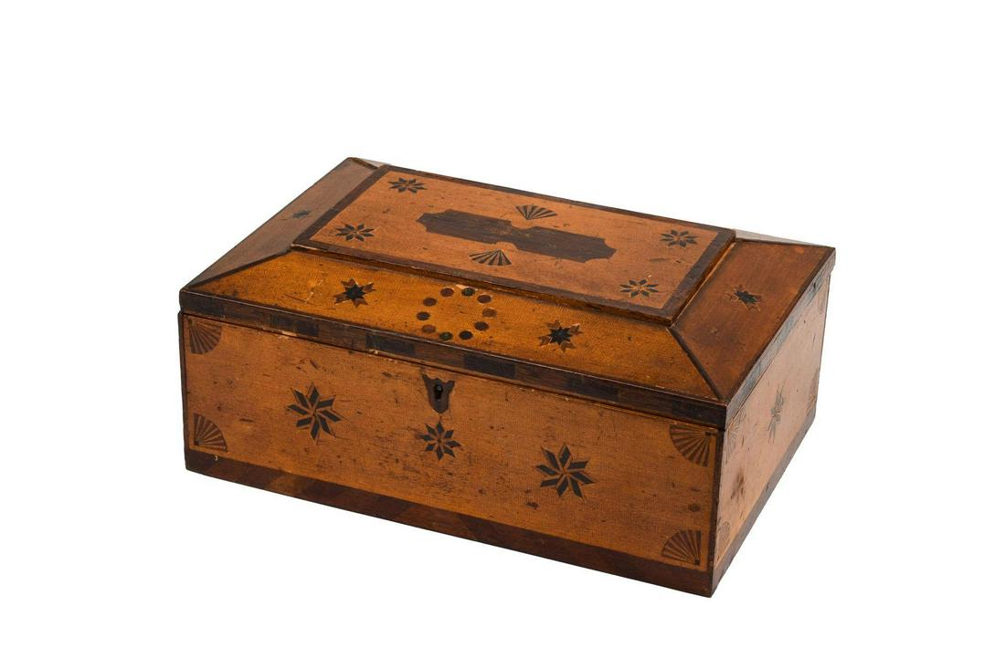 Inlaid Box With Stars and Fan Decoration.: Width 12 inches, height 5 inches, depth 8 inches. Repaired break to lid.