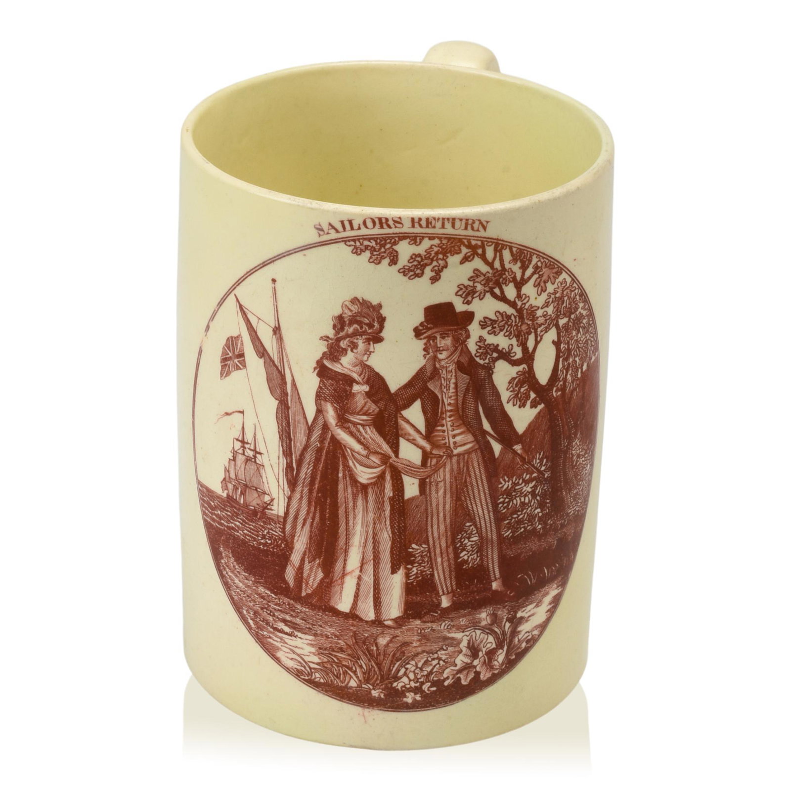 English Creamware Red Transfer-Printed Mug.: 1800-20, depicting the young couple and a ship in the harbor flying the Union Jack, printed "SAILORS RETURN." Height 5.75 inches.