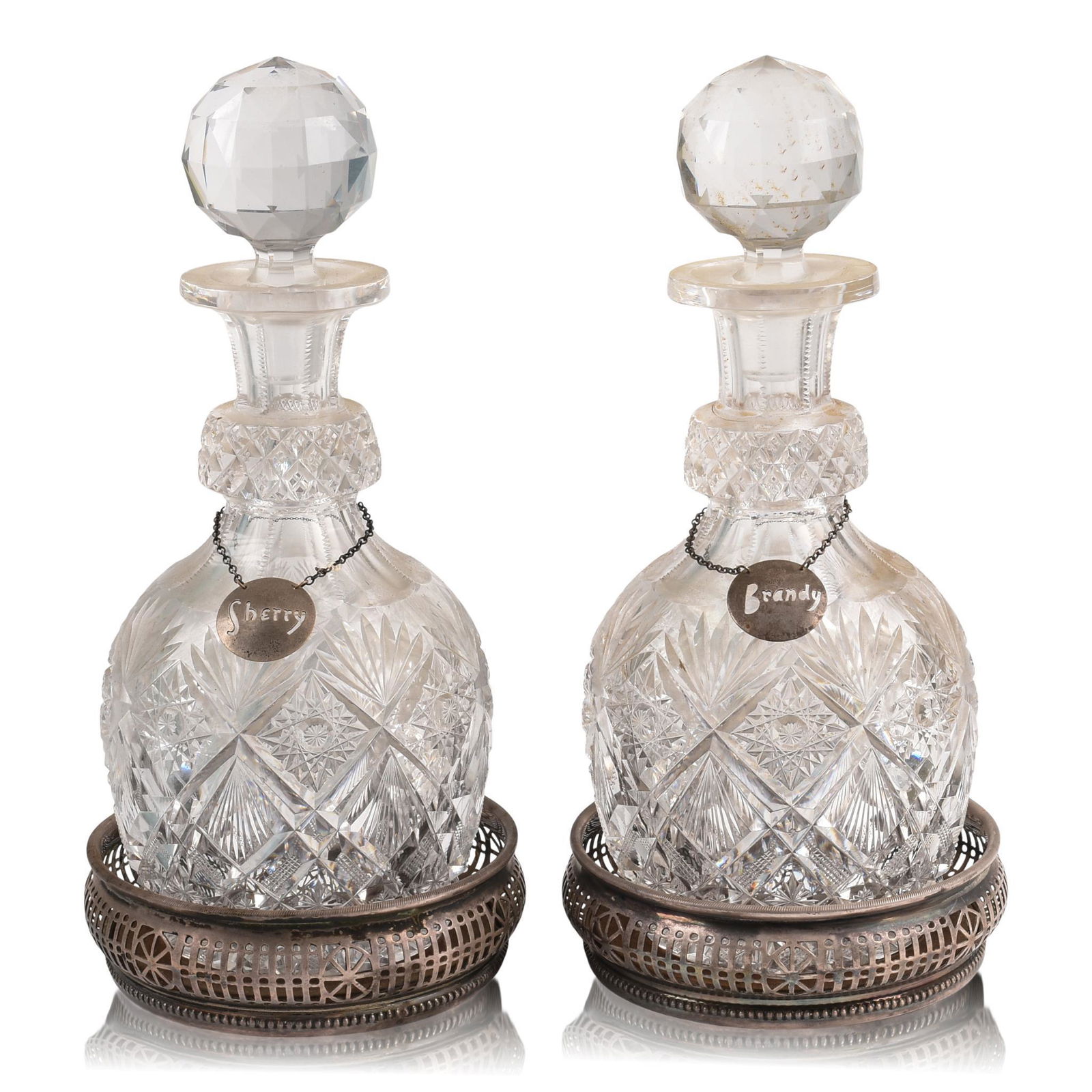 Pair American Cut Glass Decanters with Silver Tags, (1 of 6)