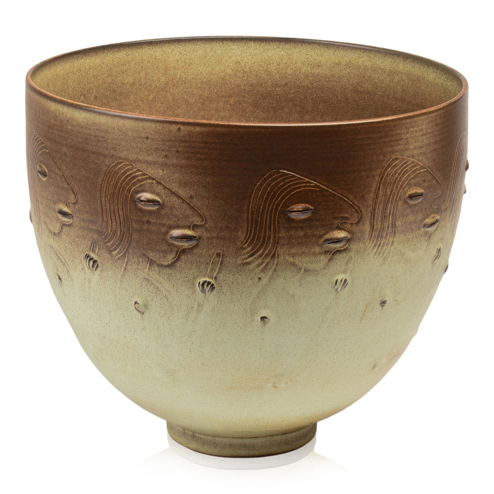 Large and Early Edwin and Mary Scheier Bowl: Decorated with incised figures with applied eyes, hands and feet, inscribed "Scheier" on bottom, New Hampshire, c. 1950's. Height 10.5 inches, diameter at top 12 inches. Firing flaw at base.