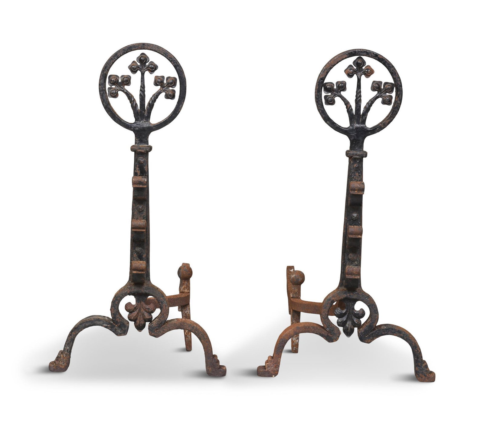 Pair of Arts and Crafts Wrought Iron Andirons: Height 26.5 inches, width 14 inches, depth 26 inches.
