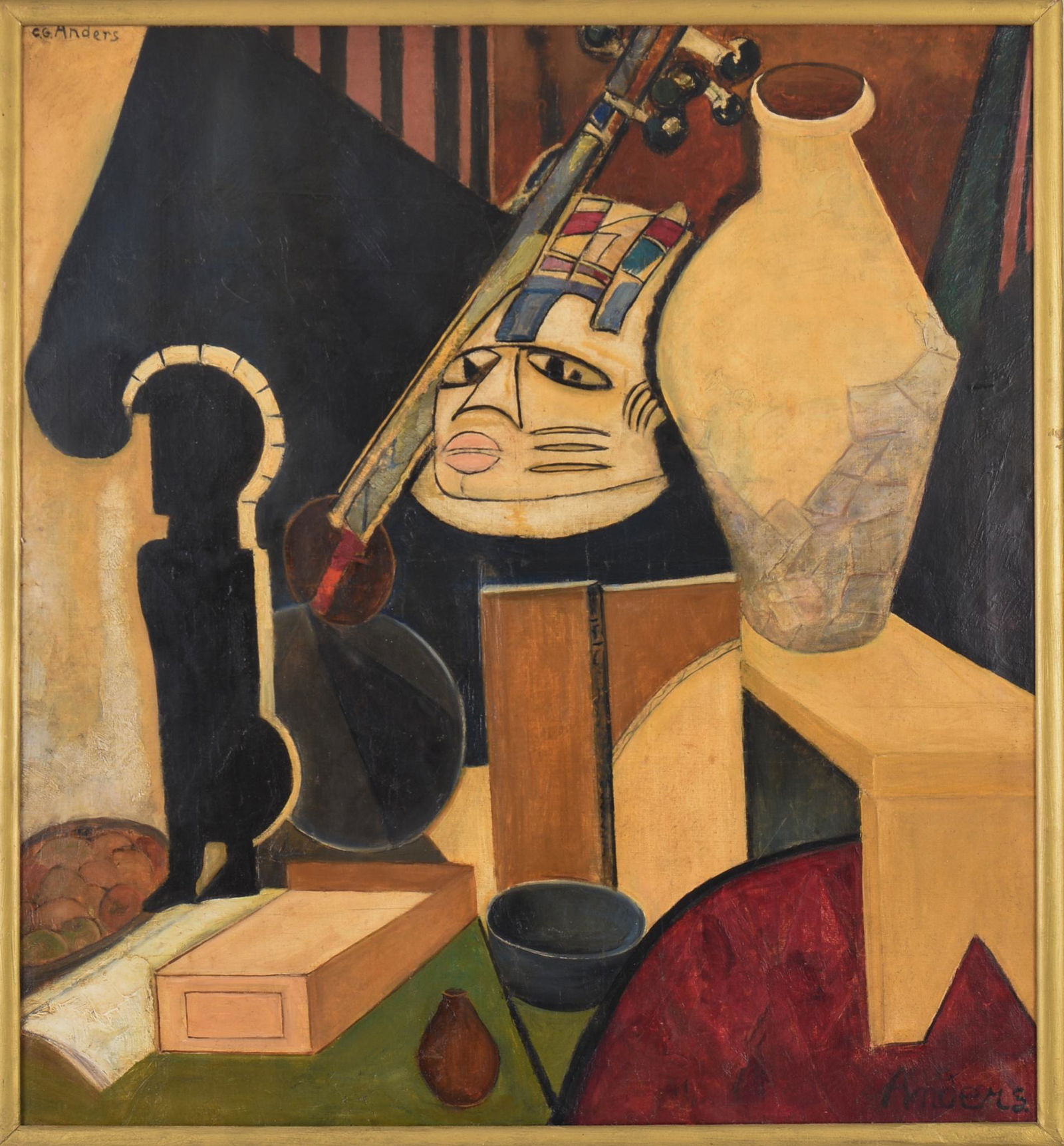 C.G. Anders Cubist Still Life.: Oil on canvas, 38 x 36 inches, signed lower right and upper left. Anders is believed to have exhibited at the Penguin in 1918 with artists such as Joseph Stella, Maurice Prendergast and Arnold Friedm
