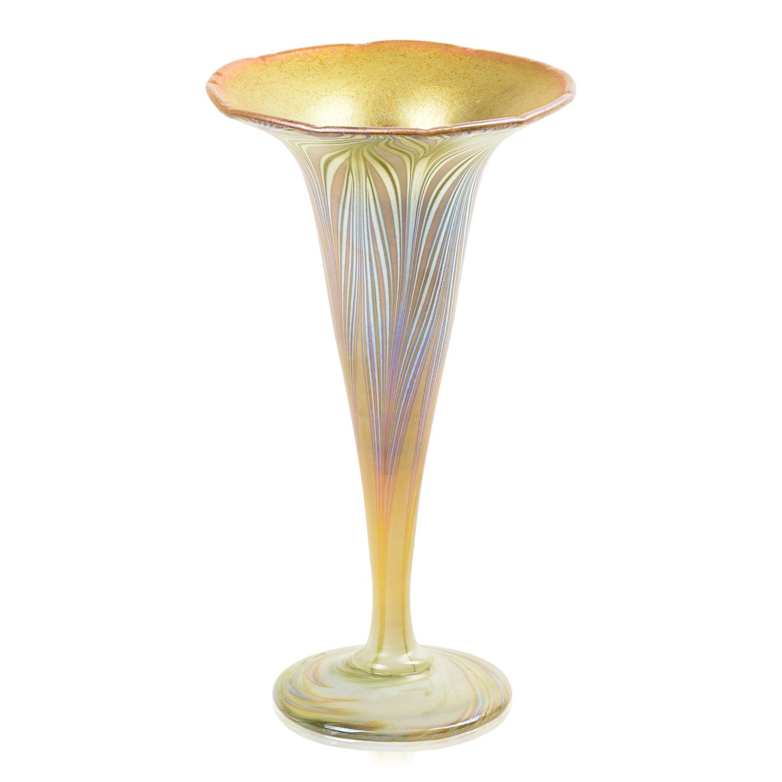 Pulled Feather Art Glass Trumpet Vase: Unsigned, c. 1920, height 6.75 inches.