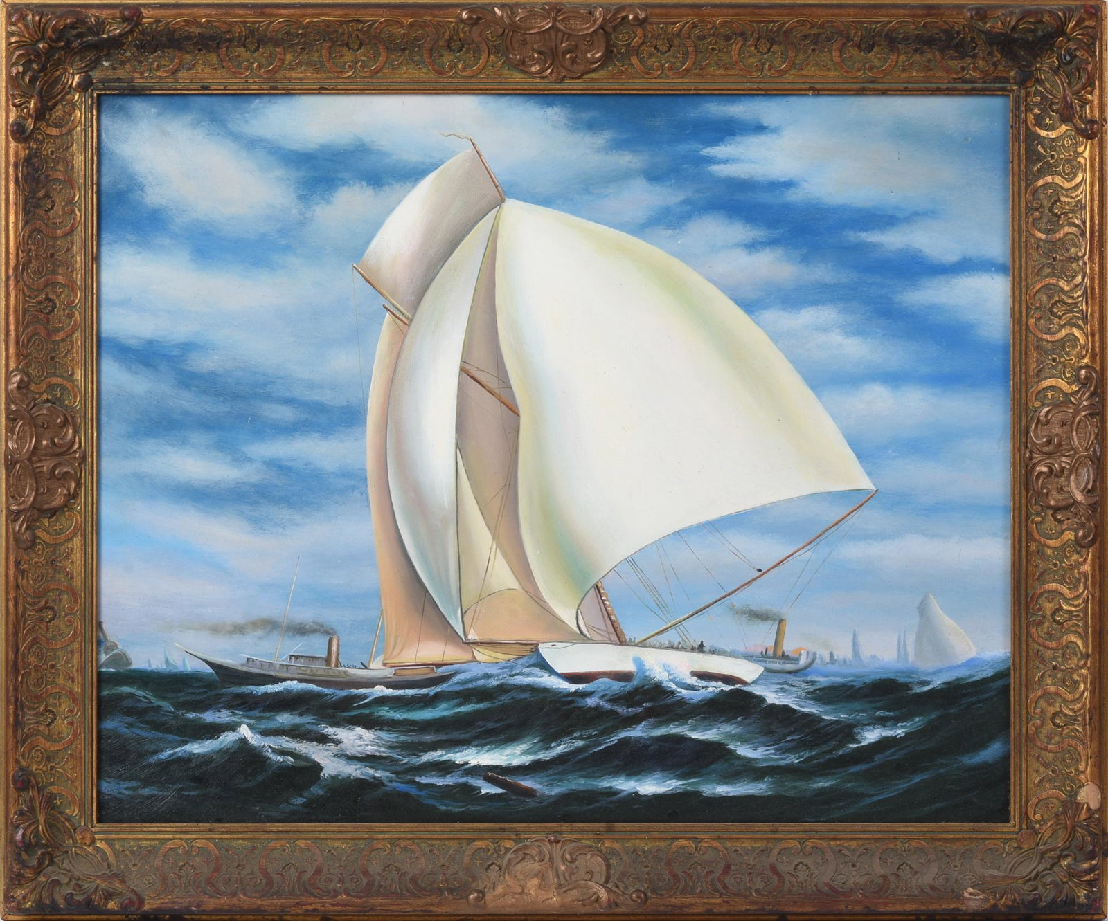 Contemporary Harbor Scene Painting.: Oil on board, 24 x 30 inches. In a gilt frame, 29.5 x 35.5 inches.