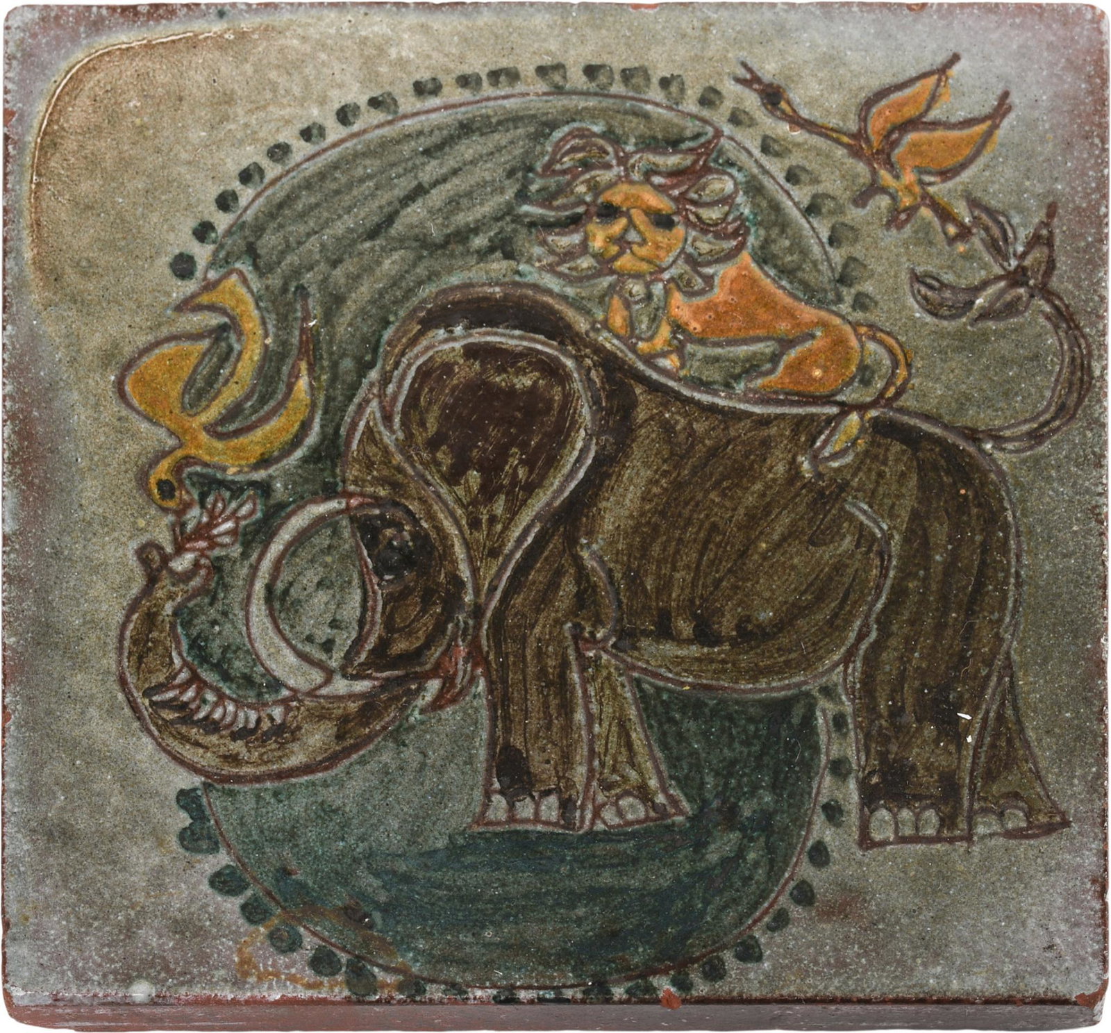 French Tile WIth Elephant and Lion.: 5.5 x 5.5 inches.
