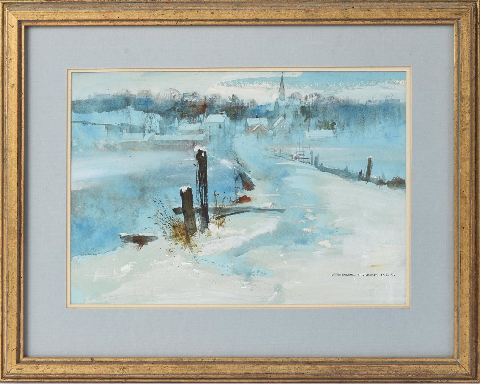 George Shedd. The Bridge Into Town.: George Shedd (1922 - 2006) . Watercolor on paper, 9.5 x 13.5 inches, sight, signed lower right. Frame 16 x 20 inches.