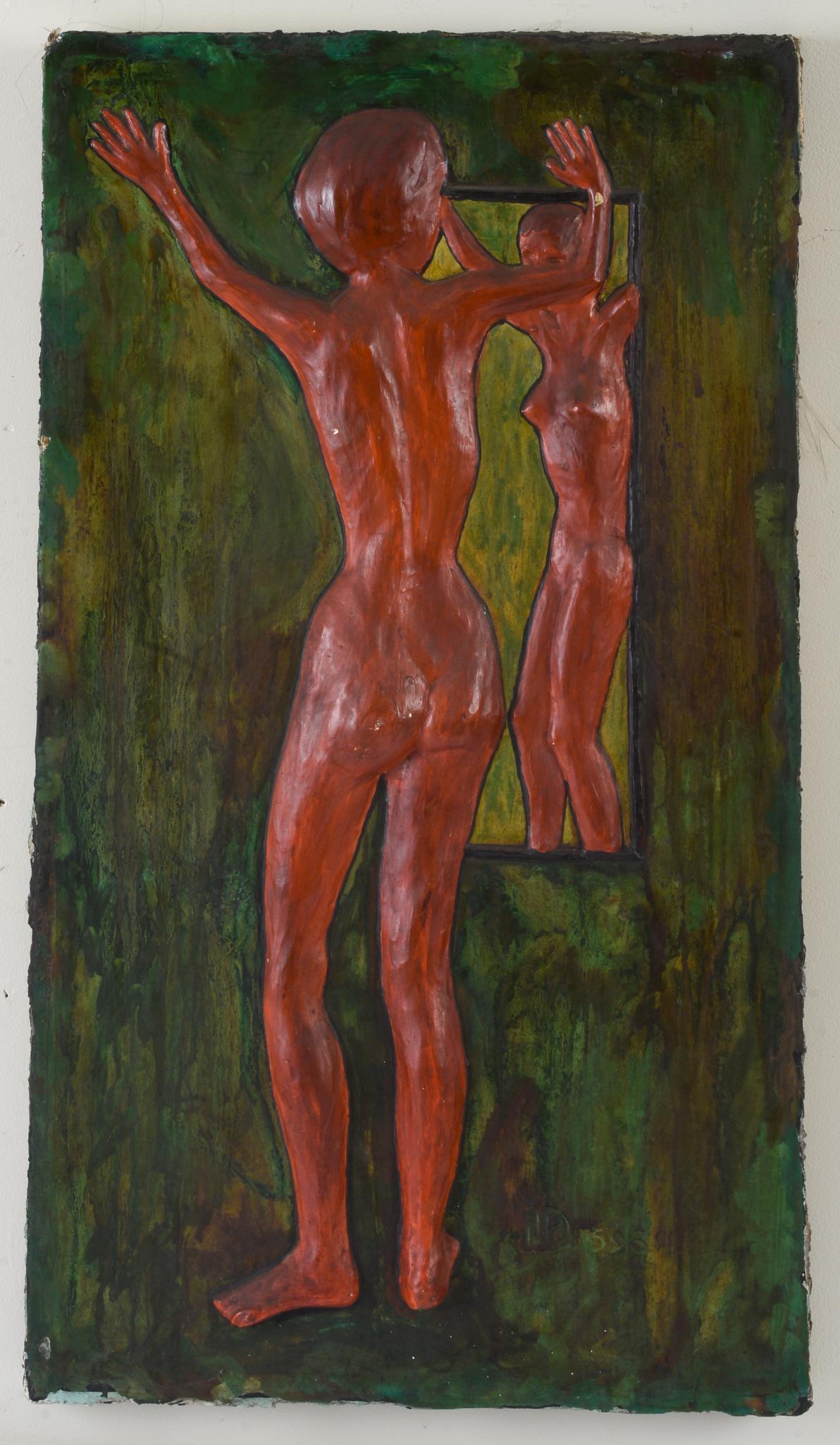 Mid Century Relief Sculpture of a Nude in a Mirror.: 29.5 x 16.5 inches.